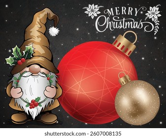 A festive gnome standing next to holiday baubles on a dark background.