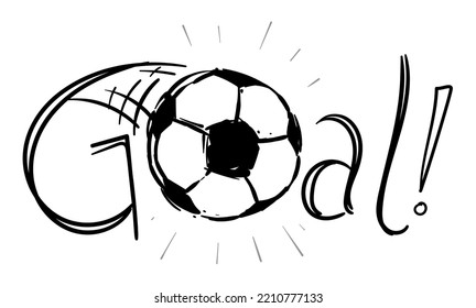 Festive goal exclamation with thrown soccer ball in doodle style over white background.