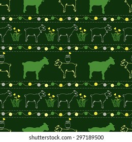 Festive goats with garlands seamless vector pattern