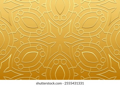 Festive gold background, cover design, banner. Geometric gold simple 3D pattern, embossing. Minimalistic ornaments, arabesques, mandala of the East, Asia, India, Mexico, Aztec, Peru. Ethnic print.