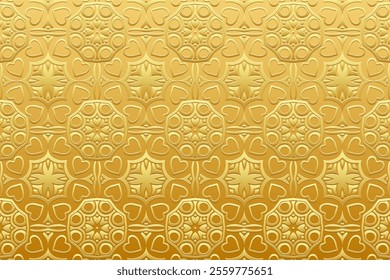 Festive gold background, cover design, banner. Geometric gold 3D pattern, embossing. Textured relief ornaments, arabesques, mandala of the East, Asia, India, Mexico, Aztec, Peru. Ethnic print.
