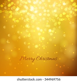 Festive gold background with light bokeh and stars. Christmas and New Year festive background. Vector illustration