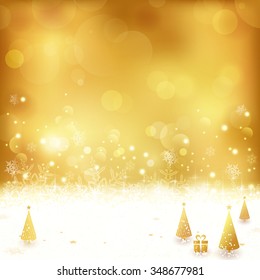 Festive gold background with out of focus light dots, stars, snowflakes, Christmas trees and gift. Light effects give it a festive and dreamy feeling.