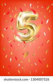 Festive gold balloon five 5 digit and foil confetti on gala red background
