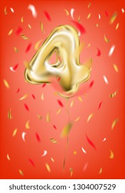 Festive gold balloon four 4 digit and foil confetti on gala red background