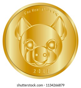 A festive gold coin, medal or token dedicated to the new year 2019, the year of the pig. It is designed to congratulate people close to the New Year and wishes good luck. Vector illustration.