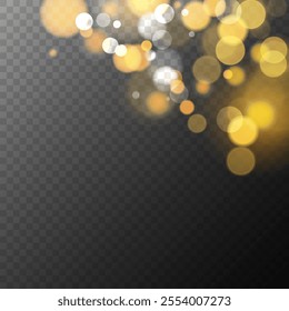 Festive gold colored bokeh lights. Bright blur light effect. Abstract blurred overlay template. Transparent background. Graphic template. Vector illustration.