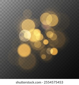 Festive gold colored bokeh lights. Transparent background. Bright blur light effect. Abstract blurred overlay template. Graphic template. Vector illustration.