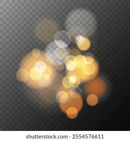 Festive gold colored bokeh lights. Transparent background. Vibrant blur light effect. Abstract blurred overlay template. Graphic template. Vector illustration.