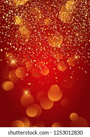 Festive gold confetti and bokeh lights background