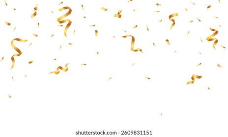 Festive gold confetti decoration. Falling confetti celebration element. Shiny ribbon on white background. Vector illustration