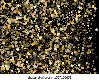 Festive gold confetti sequins sparkles scatter on black. Glittering New Year vector sequins background. Gold foil confetti party elements illustration. Many pieces party background.