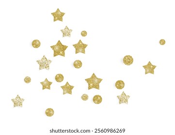 Festive Gold confetti and stars in grnage style glitter for a festive design arrangement, isolated on a white or transparent background.