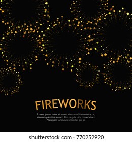 Festive gold fireworks background. Abstract vector illustration