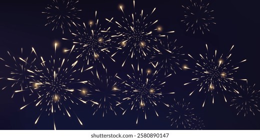 Festive gold fireworks with brightly shining sparks. Holiday fireworks. Realistic sparks and explosions. Golden pyrotechnics show in night sky. Vector illustration