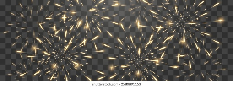 Festive gold fireworks with brightly shining sparks. Holiday fireworks. Realistic sparks and explosions. Golden pyrotechnics show. Vector isolated on png background