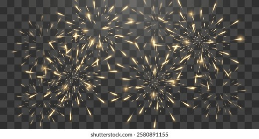 Festive gold fireworks with brightly shining sparks. Holiday fireworks. Realistic sparks and explosions. Golden pyrotechnics show. Vector isolated on png background