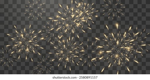 Festive gold fireworks with brightly shining sparks. Holiday fireworks. Realistic sparks and explosions. Golden pyrotechnics show. Vector isolated on png background