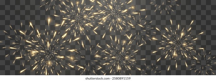 Festive gold fireworks with brightly shining sparks. Holiday fireworks. Realistic sparks and explosions. Golden pyrotechnics show. Vector isolated on png background