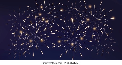 Festive gold fireworks with brightly shining sparks. Holiday fireworks. Realistic sparks and explosions. Golden pyrotechnics show in night sky. Vector illustration