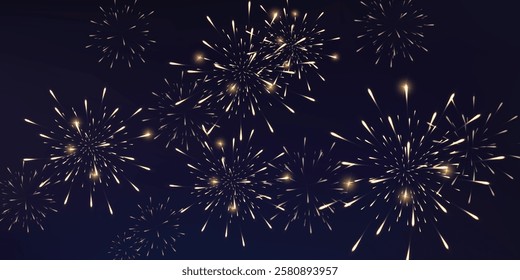 Festive gold fireworks with brightly shining sparks. Holiday fireworks. Realistic sparks and explosions. Golden pyrotechnics show in night sky. Vector illustration