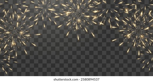 Festive gold fireworks with brightly shining sparks. Holiday fireworks. Realistic sparks and explosions. Golden pyrotechnics show. Vector isolated on png background