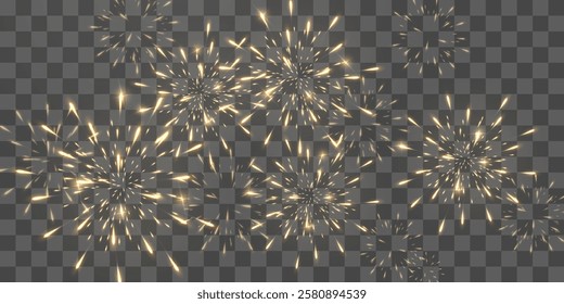 Festive gold fireworks with brightly shining sparks. Holiday fireworks. Realistic sparks and explosions. Golden pyrotechnics show. Vector isolated on png background