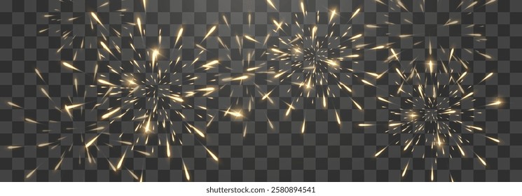 Festive gold fireworks with brightly shining sparks. Holiday fireworks. Realistic sparks and explosions. Golden pyrotechnics show. Vector isolated on png background