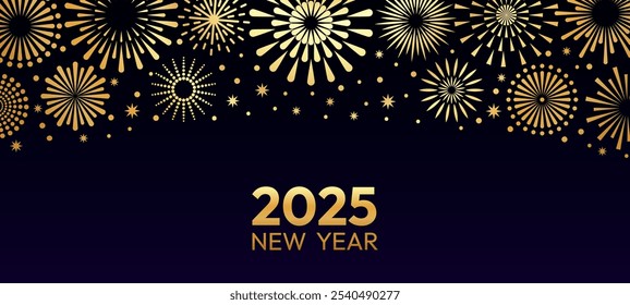 Festive gold fireworks. Happy New Year 2025 banner with holiday fireworks and sparklers. Celebration golden glitter, firecracker explosion for card, posters. Vector banner.