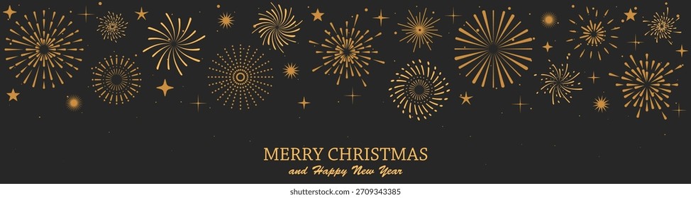 Vetor fogos de artifício de ouro festivo formando uma borda de Natal no fundo escuro. Fogos de artifício de Natal e brilhos brilhantes criam uma moldura quente e elegante para cartões de férias e layouts de celebração.