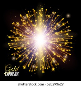 Festive Gold glitter particles effect. Shiny shape. Sparkling texture Stardust sparks in explosion on black background. Shining Motion Luxury Design. Holiday, Card Vector Illustration.