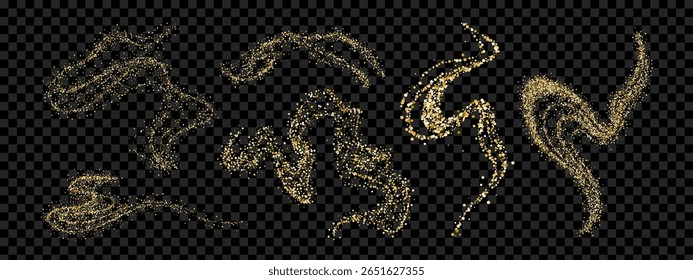 Colección festiva en forma de brillo dorado. Curvas brillantes para elegantes invitaciones y tarjetas de felicitación. Ilustración vectorial