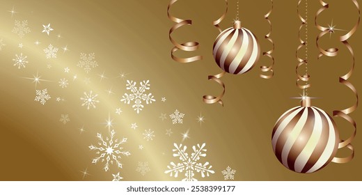 A festive gold holiday background with decorative hanging baubles, snowflakes, and curling ribbons, creating a luxurious and elegant Christmas theme.