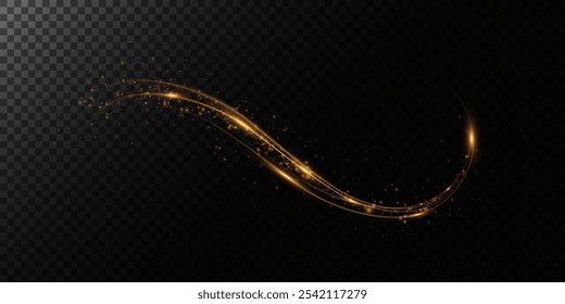 Festive gold light line. With fine particles of stardust, a golden ribbon winds around a dark background with a fine sprinkling of stars. curved light line, rope, ribbon. 
