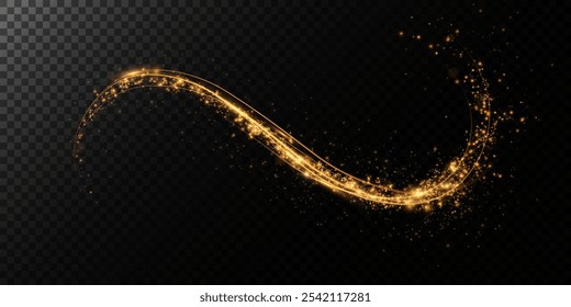 Festliche goldene Lichtlinie. Mit feinen Sternenstaubpartikeln windet sich ein goldenes Band um einen dunklen Hintergrund mit einer feinen Sternenbespritzung. gekrümmte Lichtlinie, Seil, Band. 
