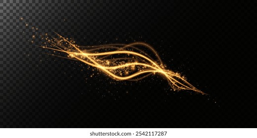 Festive gold light line. With fine particles of stardust, a golden ribbon winds around a dark background with a fine sprinkling of stars. curved light line, rope, ribbon. 
