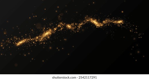 Festive gold light line. With fine particles of stardust, a golden ribbon winds around a dark background with a fine sprinkling of stars. curved light line, rope, ribbon. 
