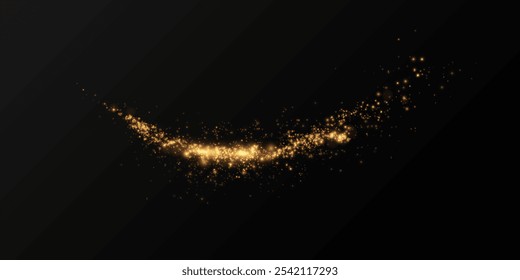 Festive gold light line. With fine particles of stardust, a golden ribbon winds around a dark background with a fine sprinkling of stars. curved light line, rope, ribbon. 
