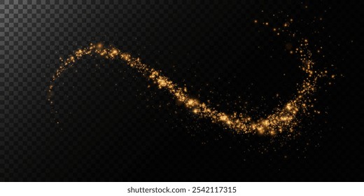 Festliche goldene Lichtlinie. Mit feinen Sternenstaubpartikeln windet sich ein goldenes Band um einen dunklen Hintergrund mit einer feinen Sternenbespritzung. gekrümmte Lichtlinie, Seil, Band. 
