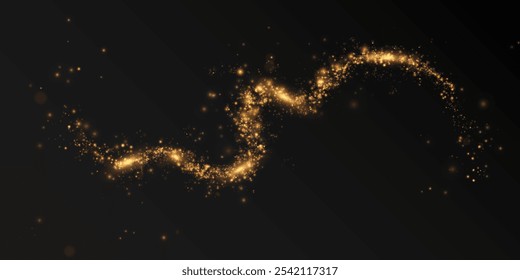 Festive gold light line. With fine particles of stardust, a golden ribbon winds around a dark background with a fine sprinkling of stars. curved light line, rope, ribbon. 
