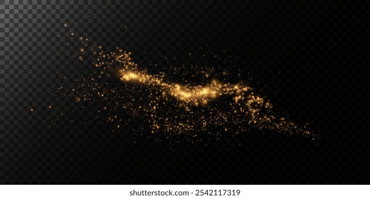 Festive gold light line. With fine particles of stardust, a golden ribbon winds around a dark background with a fine sprinkling of stars. curved light line, rope, ribbon. 
