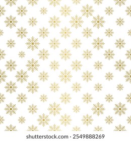 Festive gold seamless snowflake texture pattern on white background. Christmas vector illustration for postcards, greeting cards, wallpaper, wrapping paper and invitations. 