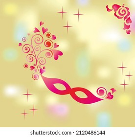 Festive gold shining background for Mardi Gras and party celebration with pink mask. Perfect for site banners and poster design