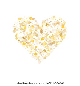 Festive gold square confetti sparkles scatter on white. Glittering New Year vector sequins background. Gold foil confetti party pieces graphic design. Many sparkles invitation backdrop.