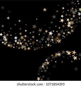 Festive gold star dust sparkle vector background. Glitter confetti, shining sparkles pattern design on black. Glossy gold stars vector, tinsel lights background. Banner backdrop.