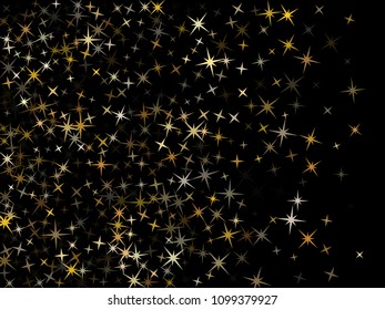 Festive gold star dust sparkle vector background. Glitter confetti, shining sparkles pattern design on dark. Shining gold stars vector, tinsel lights background. Banner backdrop.