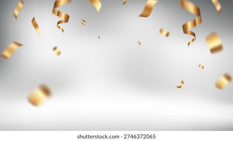 Festive gold streamers fall against a soft gray background, creating a celebratory mood.