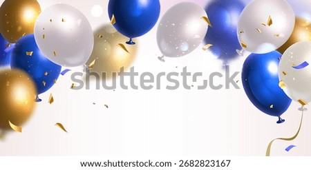 Festive gold, white and blue balloons with metallic confetti for celebration background. Shiny party decorations with floating ribbons. Luxury birthday or anniversary banner with glamorous effects.