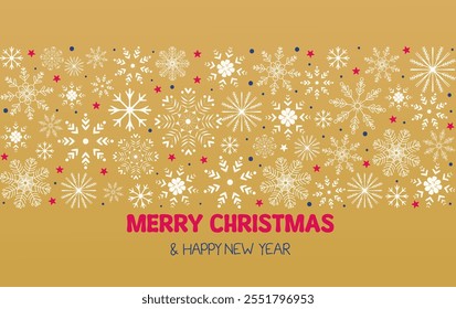 festive golden background with intricate white snowflakes, red stars, and blue dots, accompanied by the text "Merry Christmas 
 and Happy New Year."