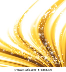Festive golden background. Magical light. Light effects. Shimmering Stars. Neon. Glow, sparkle, glitter, splash. Vector abstract background.